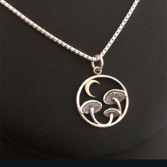 Sterling Silver titanium mushrooms and moon goth earthy boho necklace new - Picture 1 of 6